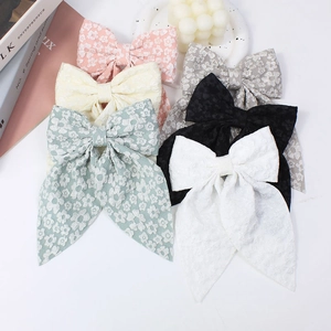 Set of 6 handmade floral jacquard bow hair clips with long ribbon tails in various colors