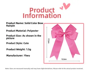 Detail view of pink grosgrain bow hair clip showing dimensions and polyester material