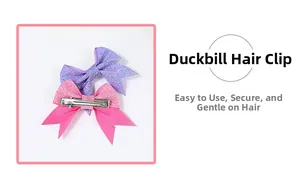 Close-up of pink and purple sequined bow duckbill clips with secure metal grip detail
