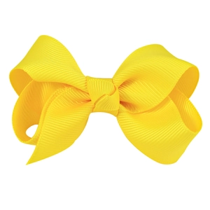 3-inch bright yellow ribbed fabric bow hair clip for children on white background