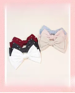 Détails de barrettes à cheveux en satin avec nœuds de six couleurs et perles blanches