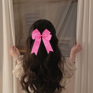 Pink ribbon bow hair clip with long tails for girls, handmade textured fabric hair accessory