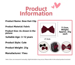 Detail specifications of the red fabric bow hair clip showing dimensions and material