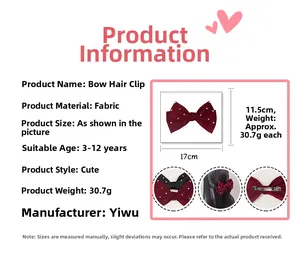 Spécifications de taille détaillées et vue de la pince à cheveux noeud satin rouge à pois