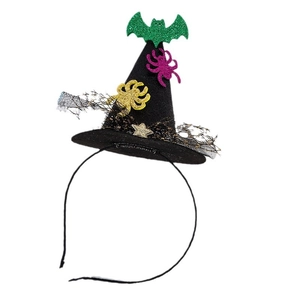 Cerchietto a cappello da strega Halloween con pipistrello verde e pizzo nero velato