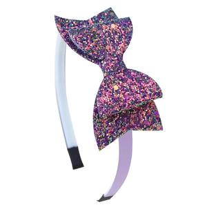 Sparkly purple and gold sequin bow headband for girls with double layer mermaid style detail
