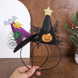 Cerchietti fatti a mano per Halloween con mini cappelli da strega e paillette per bimbe