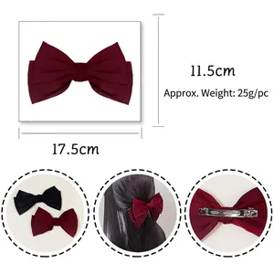 Elegant large burgundy bow hair clip for women with metal spring back fastening