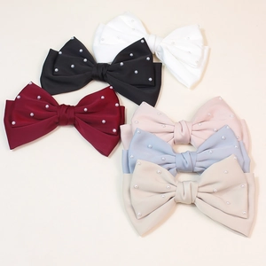 Lot de 6 barrettes nœuds en satin avec perles en blanc noir rouge rose bleu