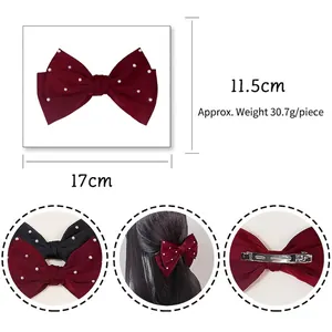 Pince à cheveux élégante en satin bordeaux avec grand nœud, perles et clip en métal