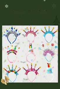 Detail view of nine various colorful birthday party headbands with candles and cake toppers