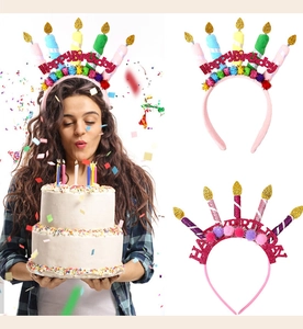 Close-up of Happy Birthday headband with colorful candles, sequins and fuzzy pom-poms