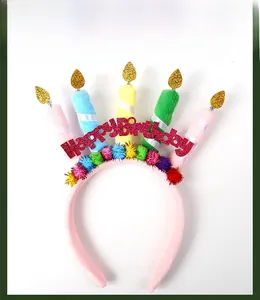 Close-up of colorful plush candles and Happy Birthday glitter text on party headband