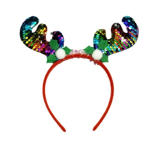 Christmas reindeer antler headband with rainbow sequins and plush details on white background