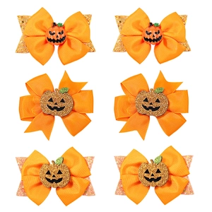 Halloween Pumpkin Bow Hair Clips For Kids Girls Sequin Grosgrain Ribbon Festive Hair Accessories Pair Holiday Headwear