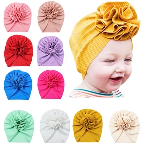 Handmade Baby Turban Hat With Large Ruched Flower Infant Waffle Texture Beanie Soft Elastic India Cap Headwrap For Toddlers