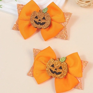 Halloween pumpkin hair clips with orange bows and sequin stars for kids girls