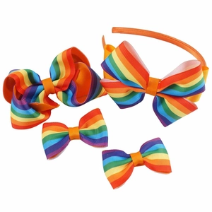 Detailed set of rainbow ribbed grosgrain ribbon hair bows and matching headband for girls