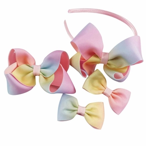 Rainbow grosgrain ribbon hair bow set including headband and clips for girls