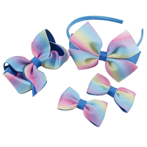 Rainbow gradient ribbed ribbon bow headband and clip set for girls in macaron colors