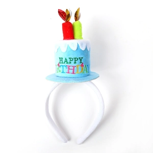 Cute blue cake headband with Happy Birthday embroidery and plush candles for party fun