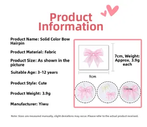 Detail specifications of pink handmade satin bow hair clip for girls with size measurements