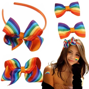 Handmade Girls Bow Headband And Hair Clip Set Grosgrain Ribbon Rainbow Striped Chevron Pattern Hair Accessories For Kids