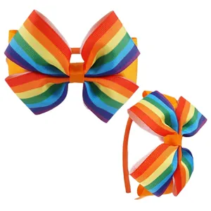 Rainbow grosgrain ribbon bow hair clip and orange headband set for kids and girls