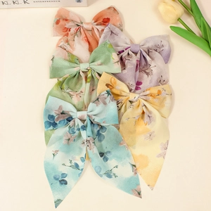 Barrette Nœud en Mousseline Florale Vintage Avec Longs Rubans Fait à la Main Accessoire Cheveux Tissu Filles Enfants
