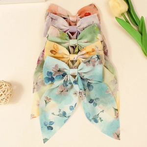 Barrettes à cheveux en mousseline florale avec longs rubans en 5 couleurs élégantes