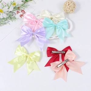 Colorful handmade satin ribbon bow hair clips set for girls in seven assorted colors