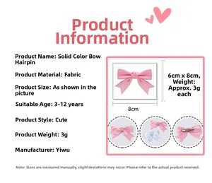 Detail showing pink polyester macaron hair bow clip with 8x6cm size measurements