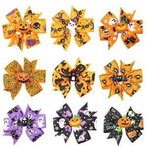Halloween Kids Grosgrain Ribbon Hair Bow Clips Pumpkin Ghost Bat Spider Print Bowknot Hairpins Party Accessories