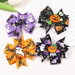 Halloween ribbon hair bows with pumpkin ghost and bat charms for girls set of four