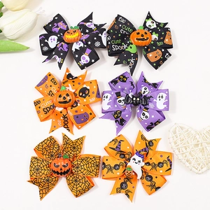 Set of 6 Halloween hair bows with ghost, pumpkin and spider web prints on grosgrain ribbon