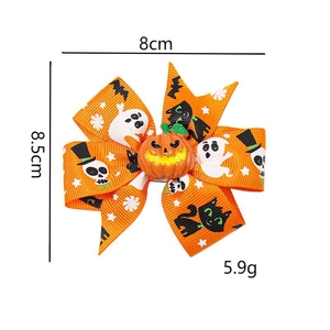 Halloween orange hair bow clip with spooky ghost and cat patterns, 8cm wide