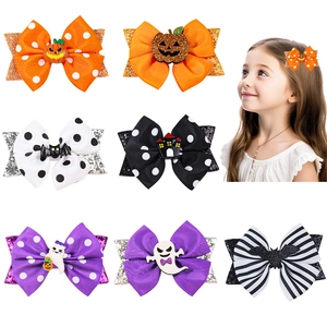Pinces à Cheveux Nœud Halloween Faites à la Main Ruban Gros-grain Paillettes Citrouille Fantôme Chauve-souris pour Enfants Filles