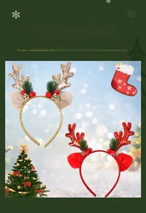 Detail view of Christmas reindeer antler headbands with sequins, berries, and bells