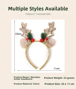 Detailed view of reindeer antler headband with glitter and bells, size 23x11cm