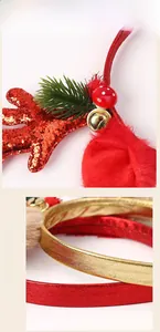 Detailed view of Christmas reindeer antler headband with red sequins and festive ornaments