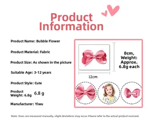 Detailed view of pink fabric bubble flower hair bow with 12x8cm size dimensions