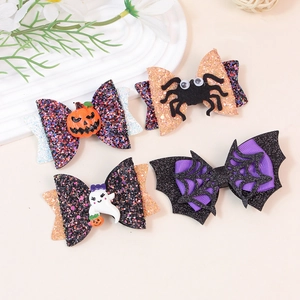 Halloween Schleife Haarspange Glitzer Pailletten Kürbis Gespenst Spinne Fledermaus Motiv Handgefertigt Kinder Haarschmuck