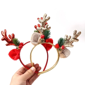 Christmas reindeer antler headbands with sequins, bells, and pine needles set of two