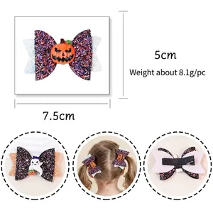 Halloween-Glitzerschleifen-Haarspangenset mit Kürbis- und Geistmotiven, 7,5cm x 5cm groß