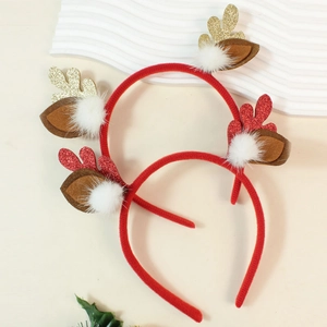 Pair of Christmas reindeer antler headbands with pom poms and glitter decoration