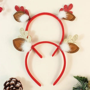 Forest Style Reindeer Antler Headband Pair With Soft Pom Pom Glitter Accents Red Gold Festive Hair Accessories Kids Christmas