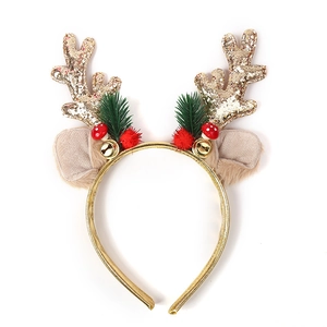 Christmas reindeer antler headband with gold sequins, bells and red mushroom accents