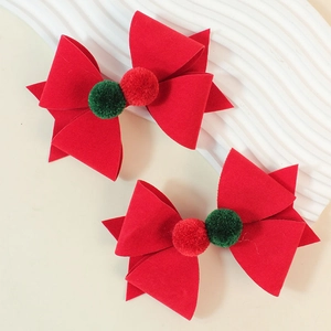 Barrettes de Noël en velours rouge faites à la main avec double pompon pelucheux