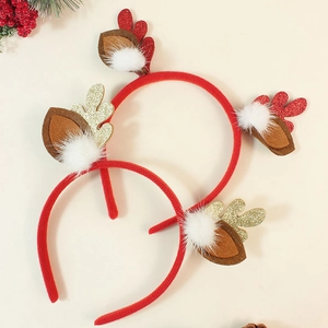 Christmas reindeer antler headband set with red velvet glitter and plush pom-poms