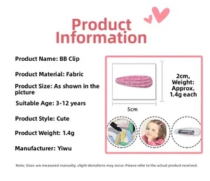 Detailed size specifications and pink fabric BB clip dimensions for girls' hair clips